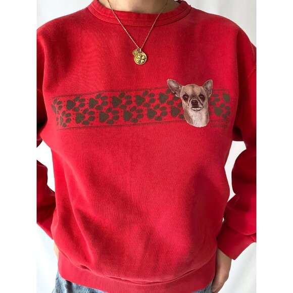 90s vintage red dog puppy chihuahua graphic boxy cozy crewneck pullover sweater - Picture 3 of 9